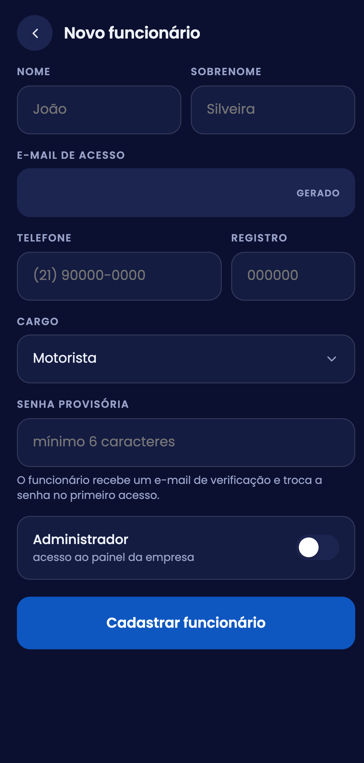 Cadastro de funcionário no app