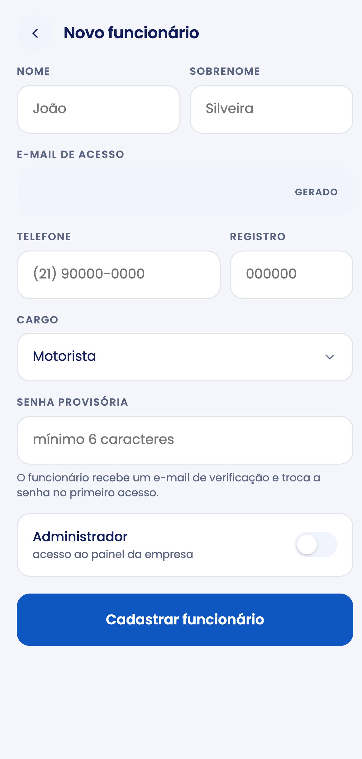 Cadastro de funcionário no app